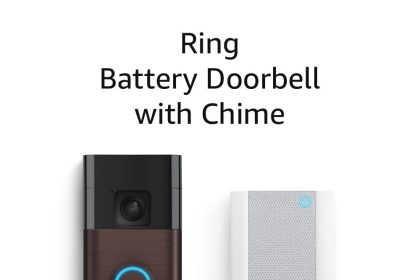“Ring Battery Doorbell with Chime installed on a modern home, showing HD+ video feed on smartphone with motion alerts, color night vision, and two-way communication features.”