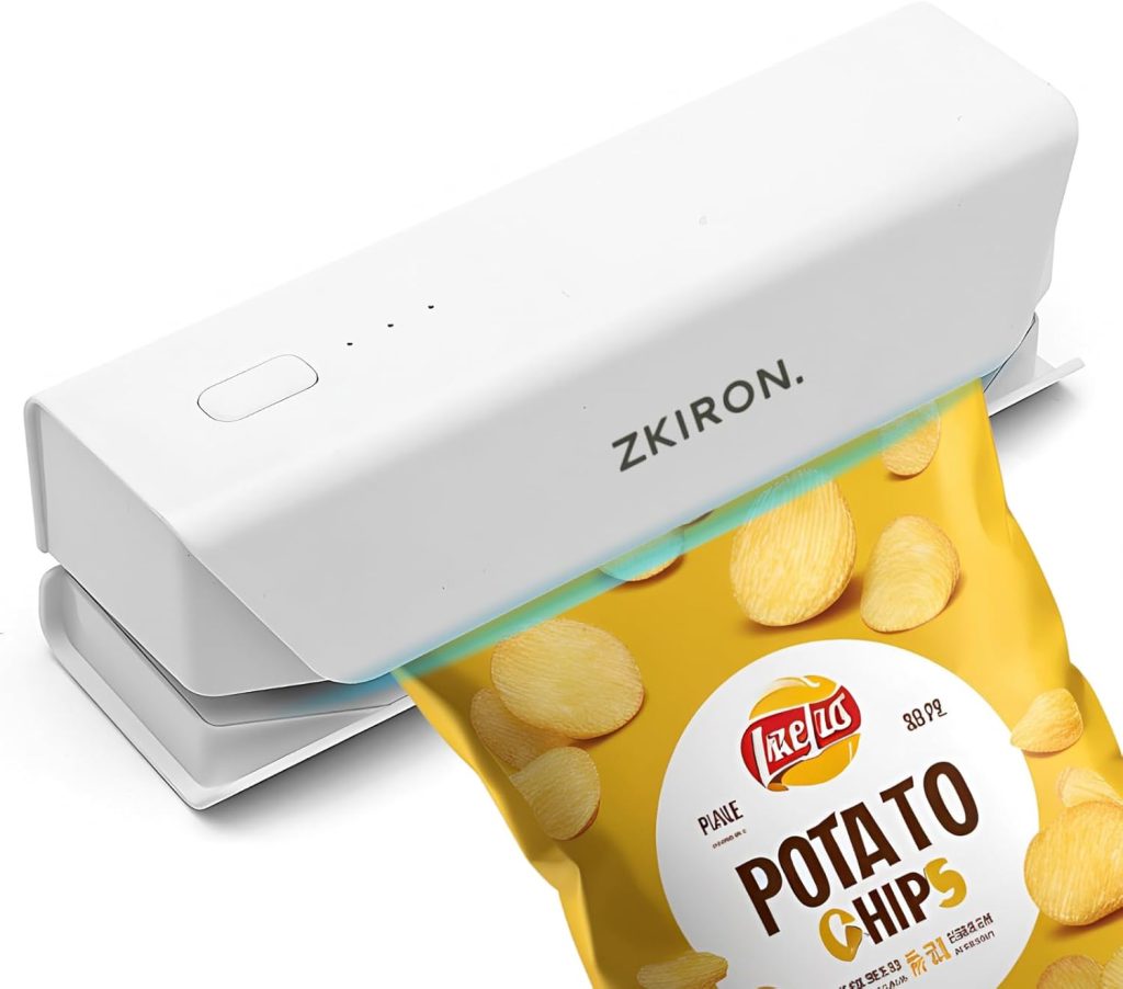 ZKIRON Mini Bag Heat Sealer sealing a snack bag, compact and portable kitchen gadget for keeping food fresh.