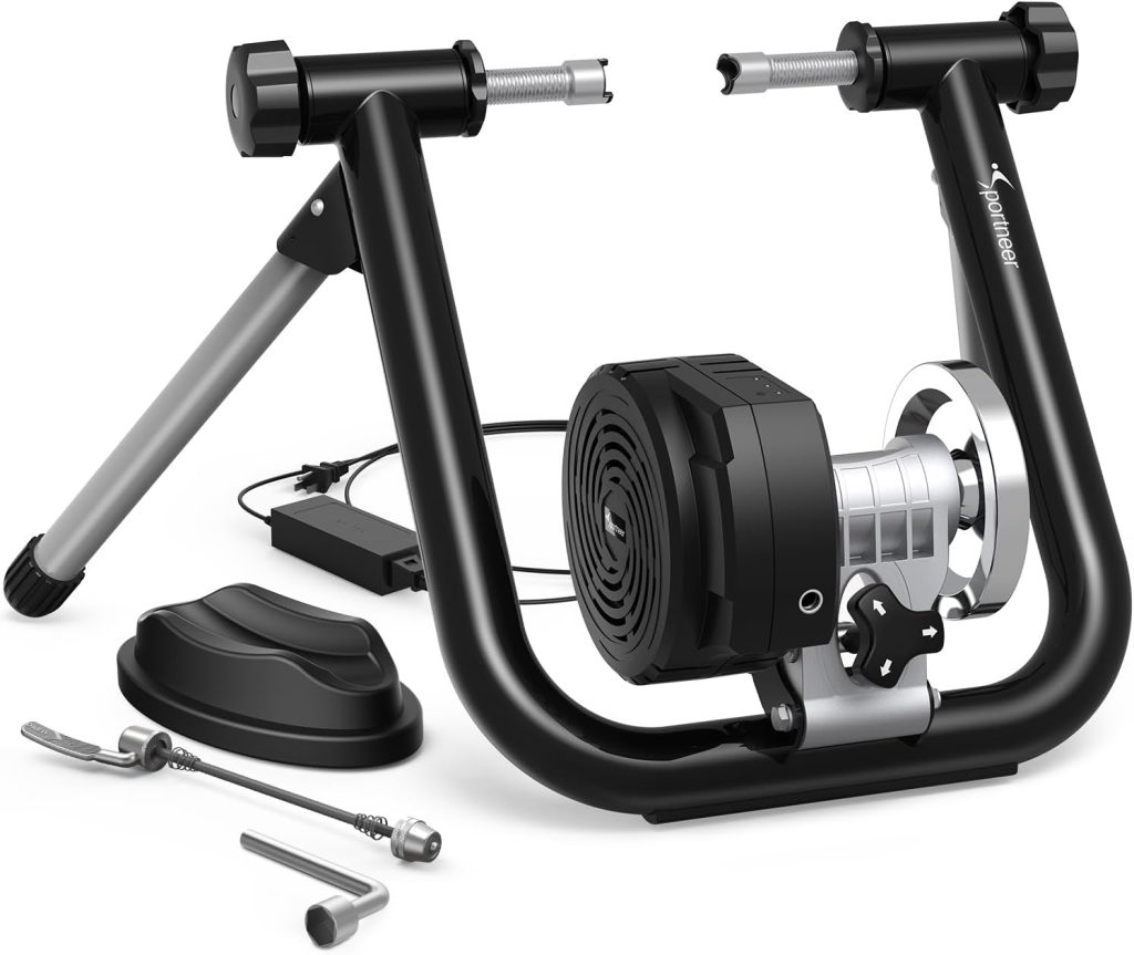 Sportneer Bike Trainer Stationary – indoor cycling stand with 6 resistance levels, foldable steel frame, and smooth, quiet riding for year-round training.