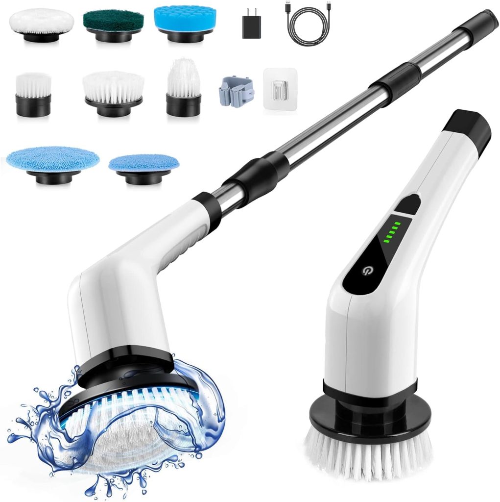 Cordless Electric Scrubber with replaceable brush heads for easy cleaning of sinks, tiles, and bathroom surfaces