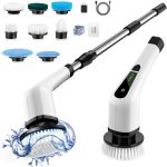 Cordless Electric Scrubber with replaceable brush heads for easy cleaning of sinks, tiles, and bathroom surfaces