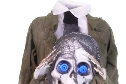 Haunted Hill Farm Halloween decoration with glowing lights and spooky design, life-size animated prop for yard or porch display.