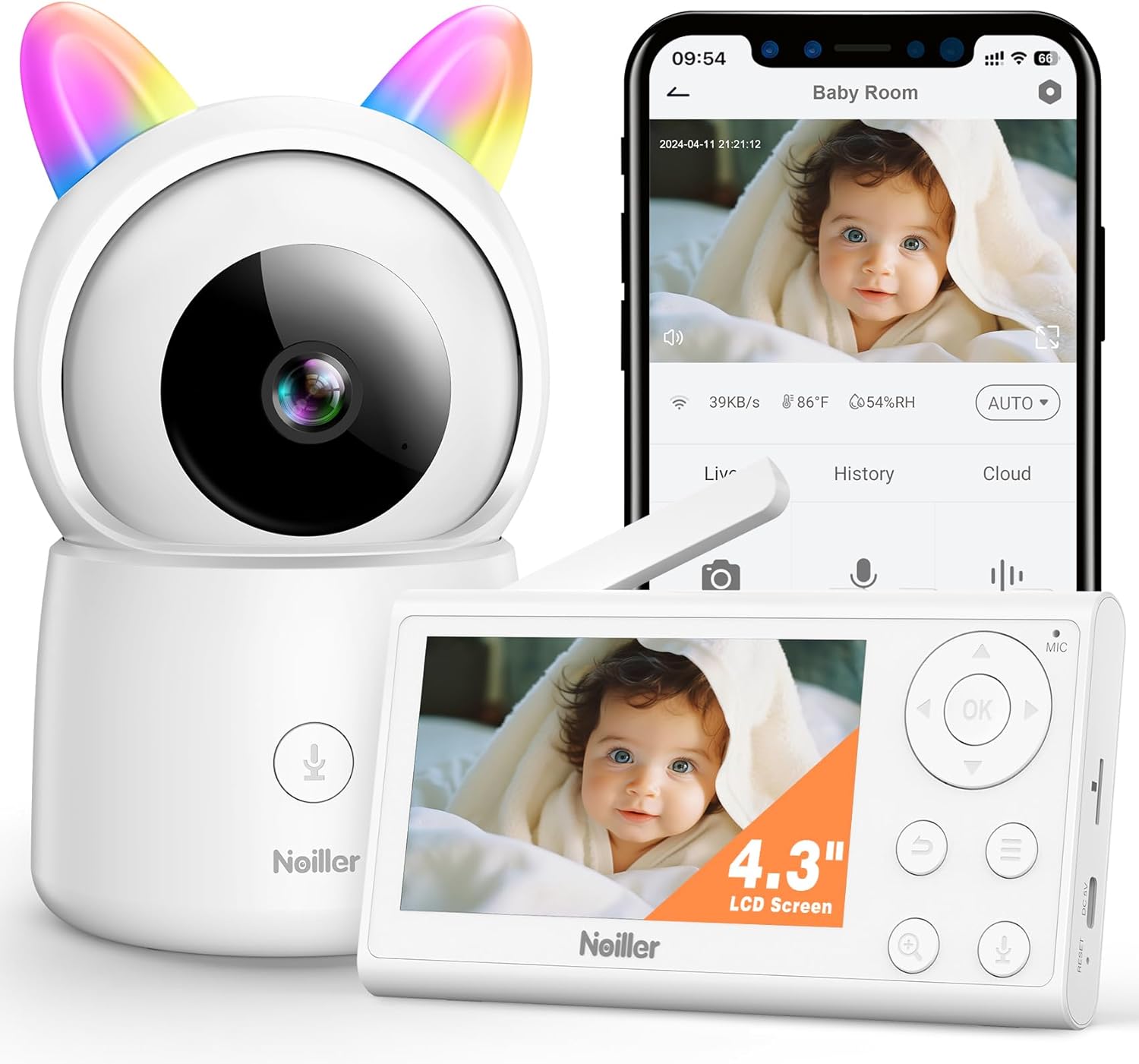 Baby monitor camera with remote control, lullabies, two-way talk, and night vision – rated 4.4 stars by parents, now 45% off on Amazon.