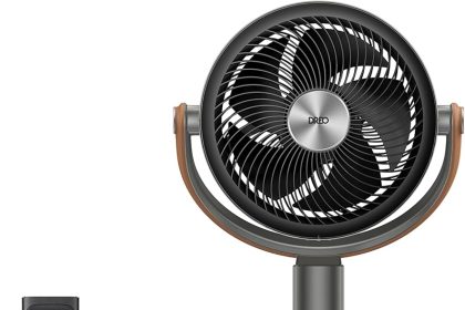 Dreo Pedestal Standing Fan with adjustable height and oscillation, powerful airflow, and sleek modern design for bedroom, living room, or office use