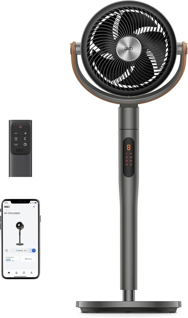 Dreo Pedestal Standing Fan with adjustable height and oscillation, powerful airflow, and sleek modern design for bedroom, living room, or office use