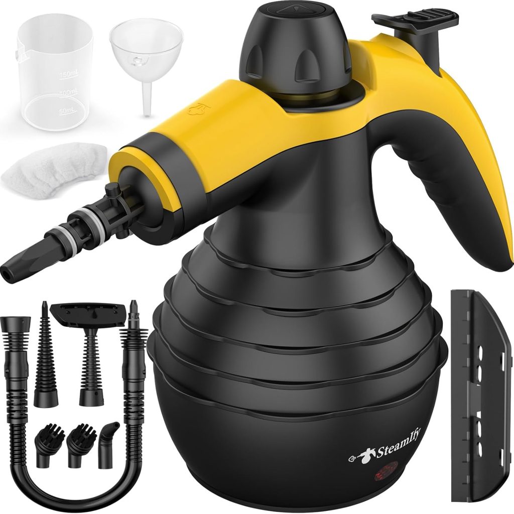 STEAMIFY Pressurized Steam Cleaner with multiple attachments for deep cleaning tiles, grout, upholstery, and household surfaces, available at discounted price.