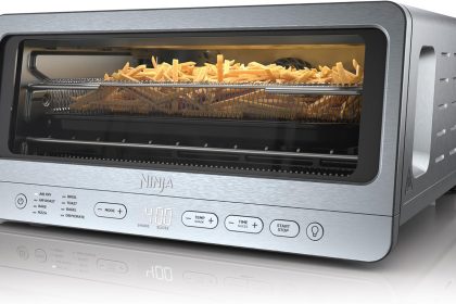Ninja SP151 Flip Oven – 8-in-1 digital air fry countertop oven with space-saving flip design, stainless steel finish, large capacity, air fry basket, sheet pan, wire rack, and removable crumb tray