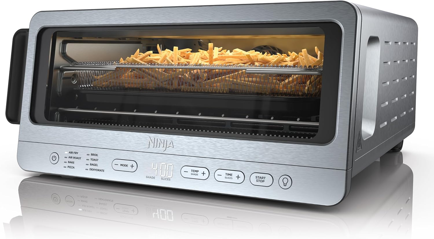 Ninja SP151 Flip Oven – 8-in-1 digital air fry countertop oven with space-saving flip design, stainless steel finish, large capacity, air fry basket, sheet pan, wire rack, and removable crumb tray