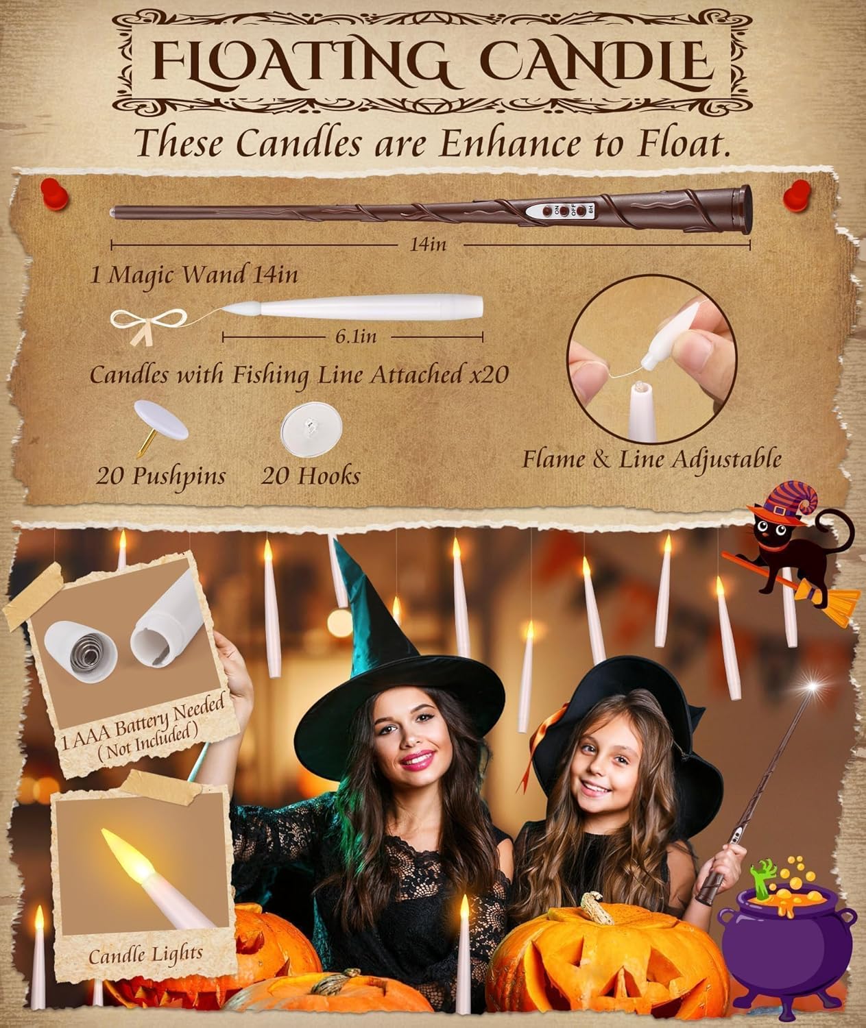 Halloween decorations floating candles with remote and magic wand, battery-operated flickering LED candles for spooky party and home decor