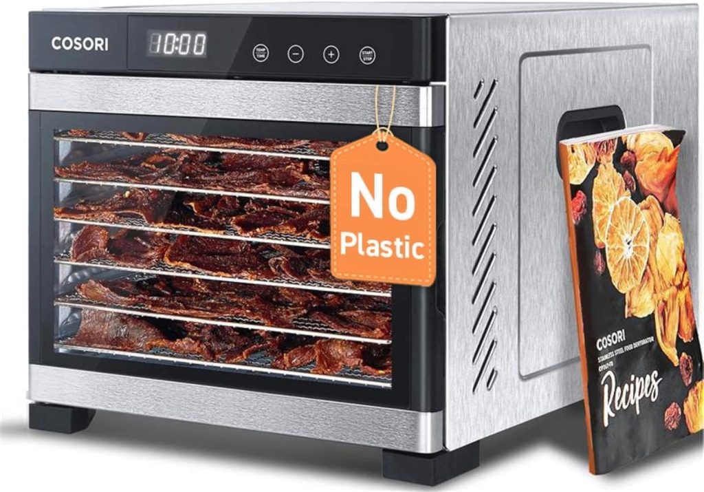 COSORI Stainless Steel Food Dehydrator with 6 trays, digital temperature control, and quiet operation for making healthy homemade snacks