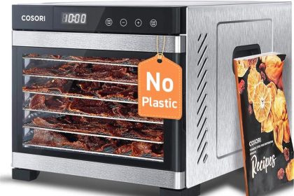 COSORI Stainless Steel Food Dehydrator with 6 trays, digital temperature control, and quiet operation for making healthy homemade snacks