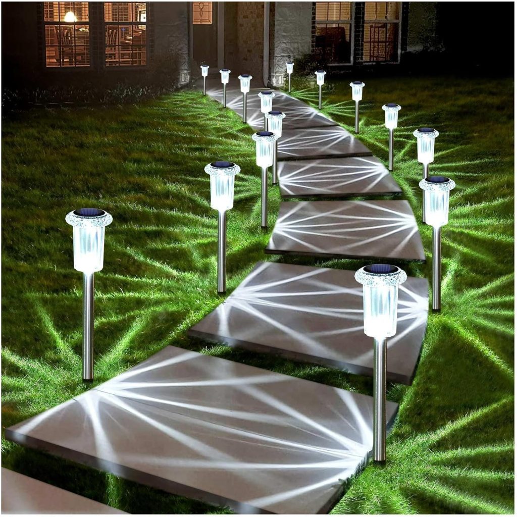 Waterproof Stainless Steel Driveway Decorative Lighting illuminating a garden path at night, showcasing modern design and durable construction.