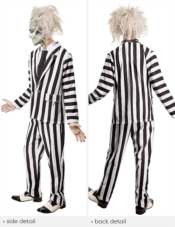 Beetlejuice Deluxe Costume for adults featuring black-and-white striped suit with matching dickie shirt, perfect for Halloween, cosplay, and themed parties.
