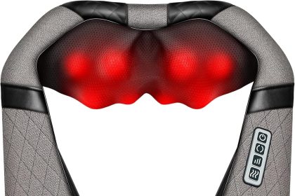 Shiatsu Electric Shoulder Massager with heat function for neck and back, ergonomic design for deep-kneading massage, portable and easy to use at home or office