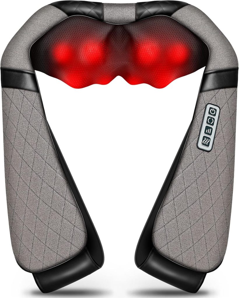 Shiatsu Electric Shoulder Massager with heat function for neck and back, ergonomic design for deep-kneading massage, portable and easy to use at home or office