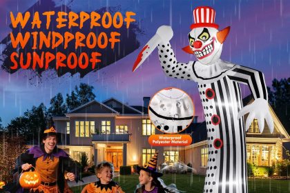 Zukakii Halloween Inflatable Decorations with bright LED lights, full-body spooky design, and durable outdoor setup for yard décor.