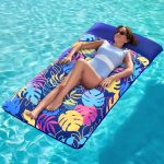 Sloosh Inflatable Pool Floats Lounge in bright colors floating in a backyard pool, featuring built-in cup holders and a comfortable cushioned design for relaxing in the sun