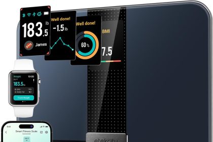 Etekcity Bluetooth Digital Bathroom Scale with color screen in black, showing smart weight tracking and sleek modern design.