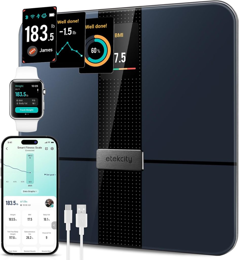 Etekcity Bluetooth Digital Bathroom Scale with color screen in black, showing smart weight tracking and sleek modern design.