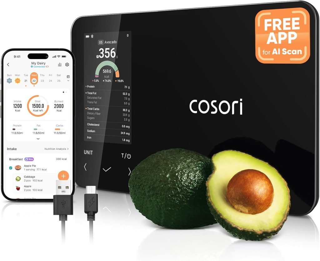 Smart Nutritional Calculator with food tracking and rechargeable digital scale for accurate calorie and nutrient measurement