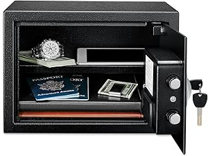 Amazon Basics compact steel security safe with programmable lock and override keys