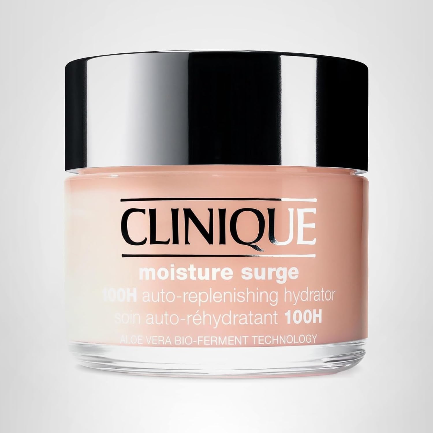 Clinique Moisture Surge 100H Auto-Replenishing Hydrator in pink jar, lightweight gel-cream moisturizer for deep hydration and glowing skin.