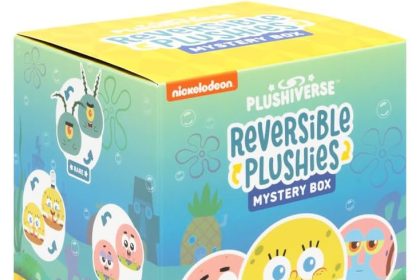 “TeeTurtle SpongeBob reversible plushie showing two expressions, soft yellow stuffed toy with flip design.”