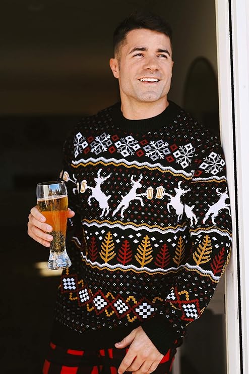 Tipsy Elves men’s festive Christmas sweater in blue with humorous reindeer and holiday-themed design, perfect for ugly sweater parties and holiday celebrations.