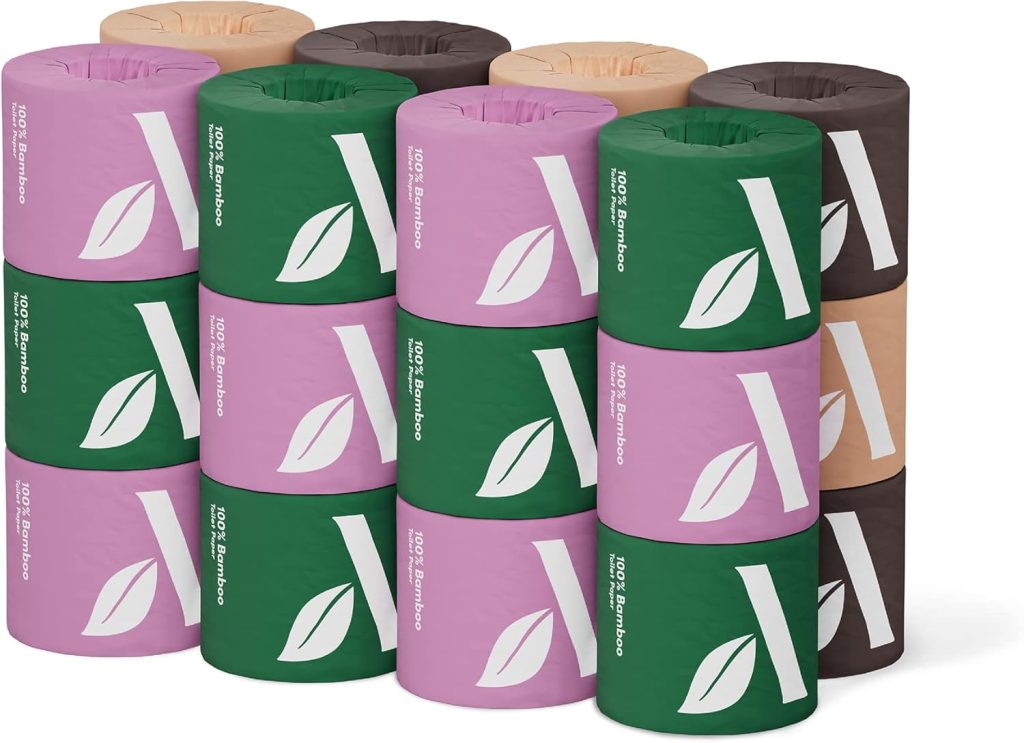 Amazon Aware Bamboo Toilet Paper rolls – eco-friendly, FSC certified, soft and strong toilet paper with 100% bamboo sheets, shown in packaging.