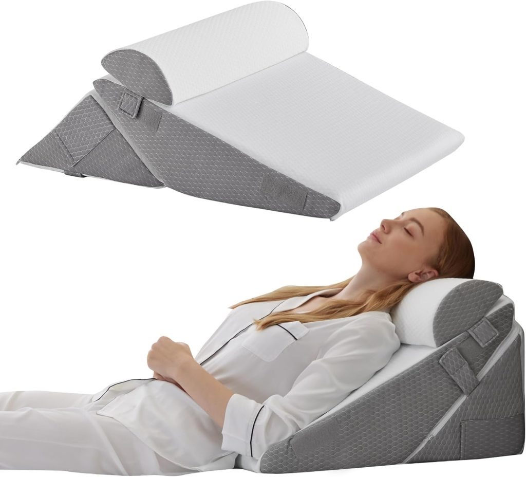 “Bedluxe Orthopedic Adjustable Triangle Wedge Pillow in white and grey, designed for sleeping, back support, and acid reflux relief”
