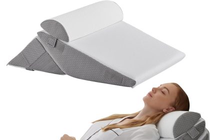 “Bedluxe Orthopedic Adjustable Triangle Wedge Pillow in white and grey, designed for sleeping, back support, and acid reflux relief”