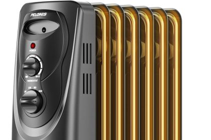 “PELONIS PHO15A2AGW black electric space heater with adjustable thermostat.”