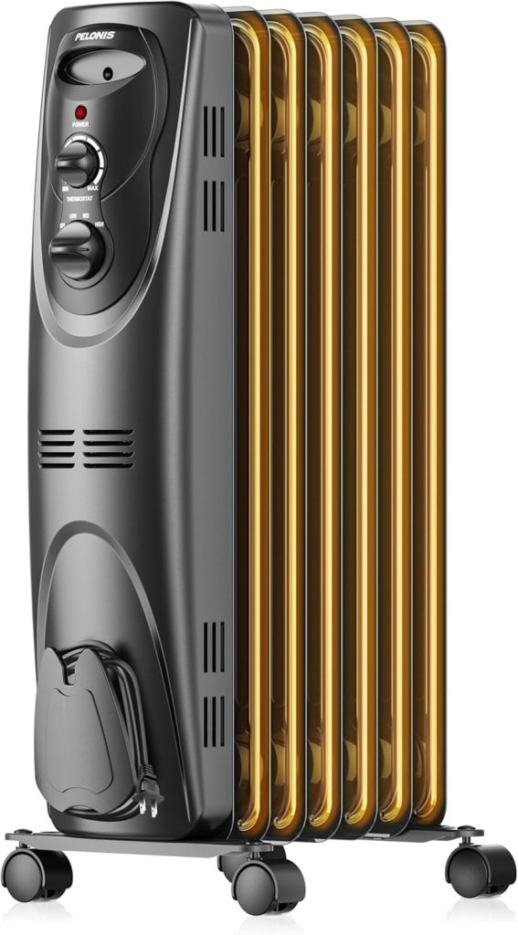 “PELONIS PHO15A2AGW black electric space heater with adjustable thermostat.”