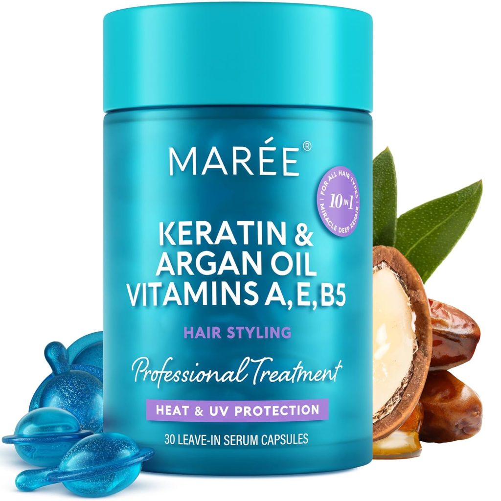 MAREE Styling Serum for Frizzy Hair bottle, sleek packaging, smoothing hair serum for shiny, frizz-free hair