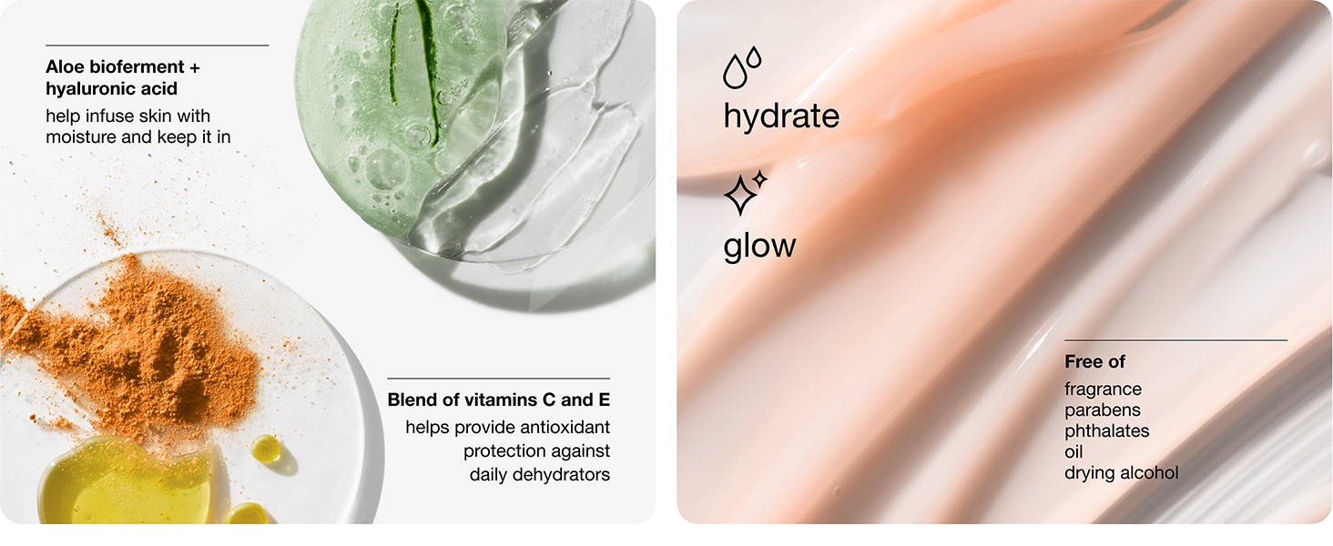 Aloe bioferment, hyaluronic acid, help infuse skin with moisture, blend of vitamins C and E