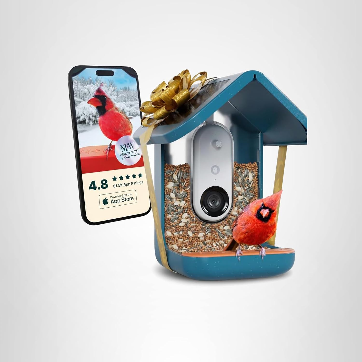 Bird Buddy Solar Feeder with built-in camera, capturing backyard birds, solar-powered roof, sleek modern design, ideal for birdwatching and nature photography.