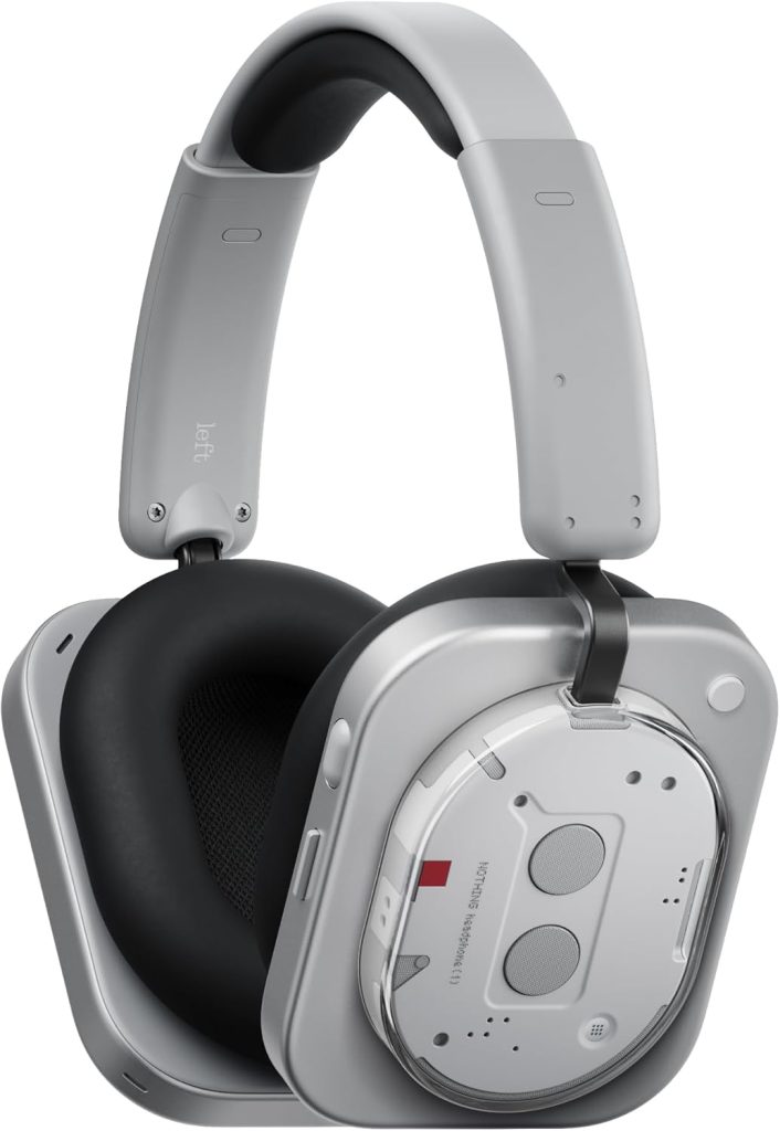 Nothing Headphone (1) hybrid active noise-cancelling over-ear wireless headphones with transparent earcup design, KEF-tuned drivers, physical control dial, and padded headband, shown in black.