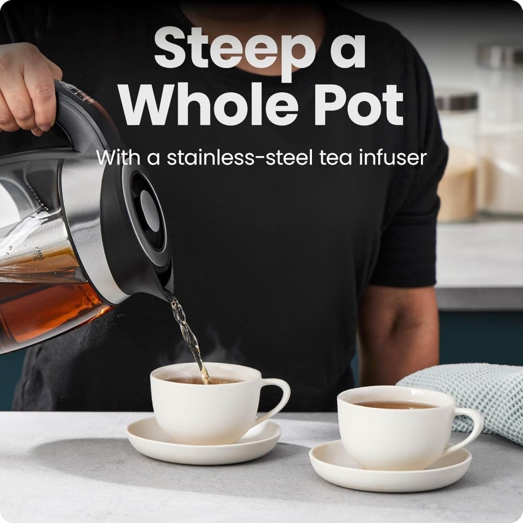 Chefman Electric Glass Kettle with Temperature Control and stainless steel tea infuser on kitchen countertop