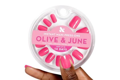"Olive & June Instant Press-On Nails in Strawberry – full set of 42 nails with nail glue, file, and cuticle stick for easy at-home manicure"