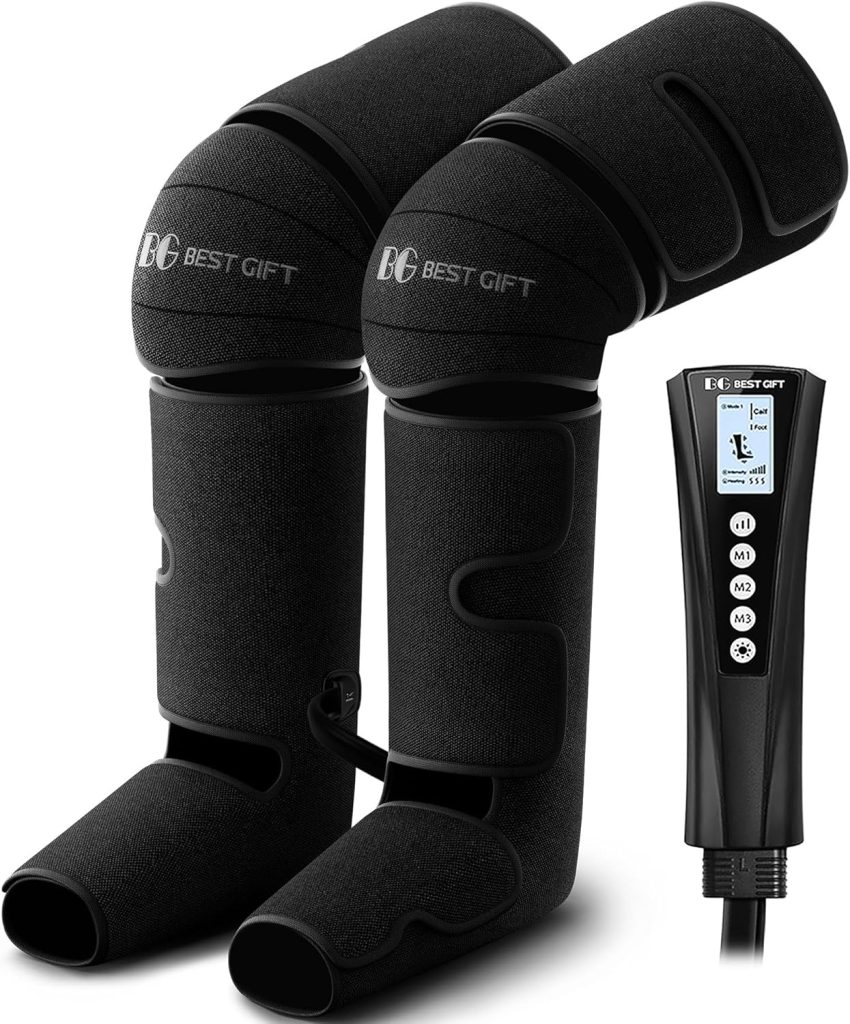Christmas Compression Leg Massager for calves and feet – adjustable compression, reduces swelling and leg fatigue, home massage device.
