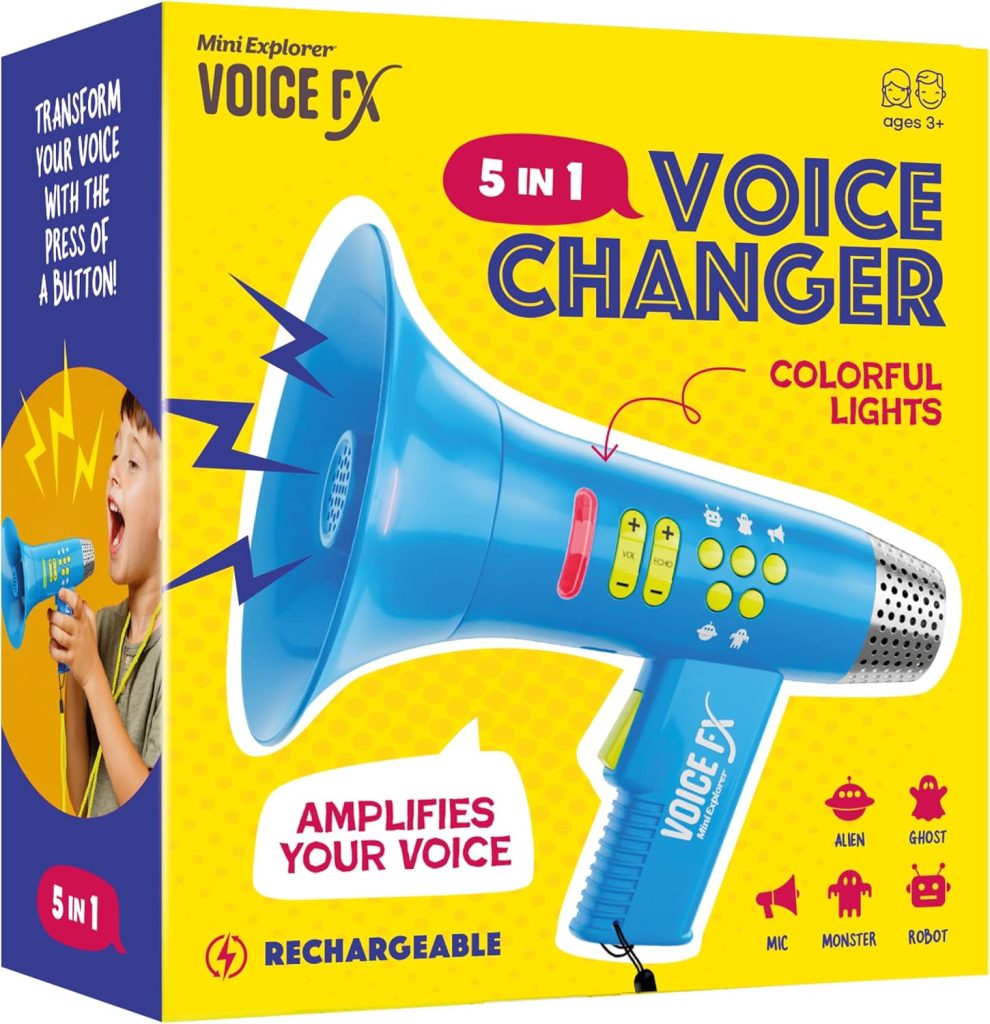 Alt Text: Mini Explorer Voice Changer for Kids – colorful handheld megaphone with lights, multiple voice-changing modes, and USB rechargeable for ages 3–8.