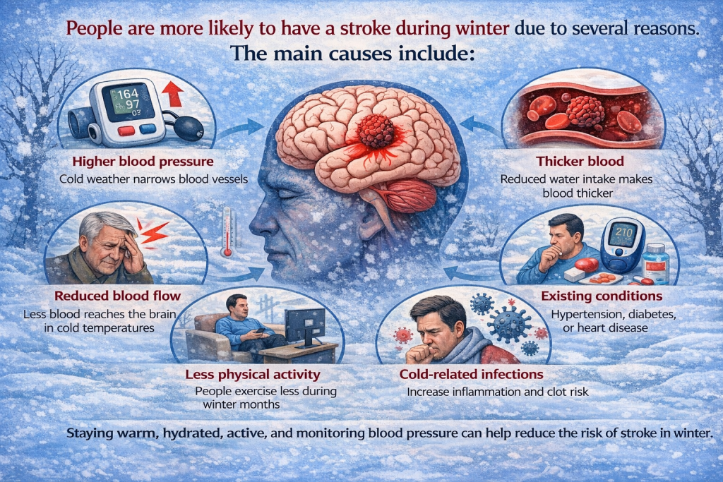 Infographic explaining why people are more likely to have a stroke during winter. The central image shows a human head with a brain clot. Surrounding visuals illustrate six main causes: higher blood pressure (cold narrows blood vessels), thicker blood (reduced water intake), reduced blood flow to the brain in cold temperatures, less physical activity in winter, existing conditions like hypertension, diabetes, or heart disease, and cold-related infections that increase clot risk. The infographic also notes that staying warm, hydrated, active, and monitoring blood pressure can reduce stroke risk